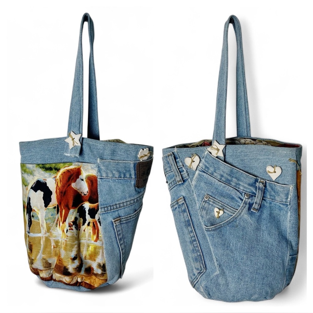 Handmade Tote Bag Cowgirl Equestrian Western Wrangler Jeans Horse Print‎